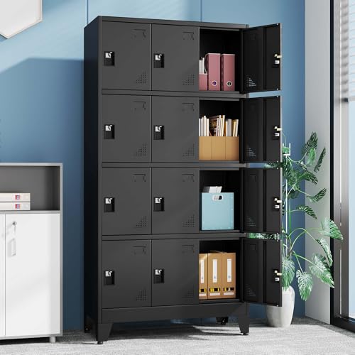 Image of Metal Lockers for Employees, 12 Doors Black Steel Storage Locker Cabinet ﻿ | Heavy Duty Employee Lockers with Name Card Holders & Ventilation Holes for Office School Gym Garage, Easy Assembly