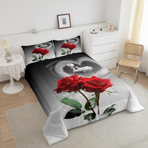Image of Feelyou Red Rose Bedding Set Swans Couple Comforter Romantic Rose Floral Comforter Set for Men Women Lover Valentine's Day Down Alternative Comforter for All Season Ultra Soft Room Decor Full Size