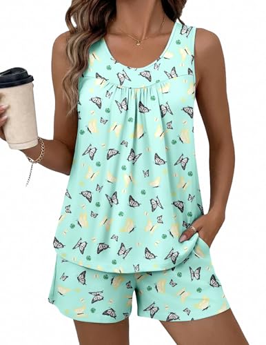 Image of Ekouaer Womens Sleeveless Pajama Sets Summer Tank Tops Pjs 2 Piece Lounge Set Comfy Shorts Sleepwear with Pockets