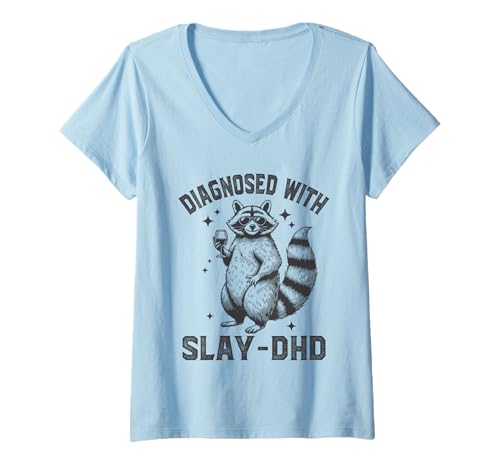 Womens Funny Raccoon ADHD Awareness Month Diagnosed With Slay-DHD V-Neck T-Shirt