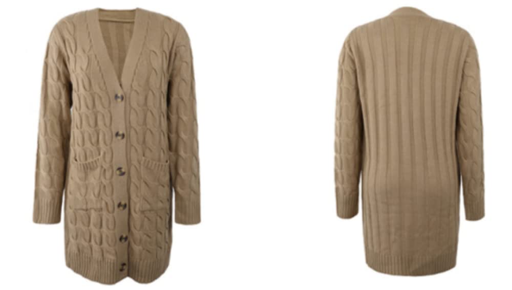 Strickjacke Damen,Dicke Strickjacken Für Damen Langer Abschnitt Knöpfe Strickmantel Einfarbig Braun Langarm Strickjacke Strickjacke Für Damen Taschenpullover Winterjacke,L
