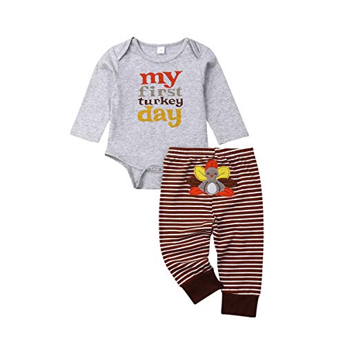 My 1st Thanksgiving Baby Boy Outfits Long Sleeve Romper Bodysuit Stripe Turkey Pants Clothes Set (My 1st Turkey Day-Grey, 6-12 Months)