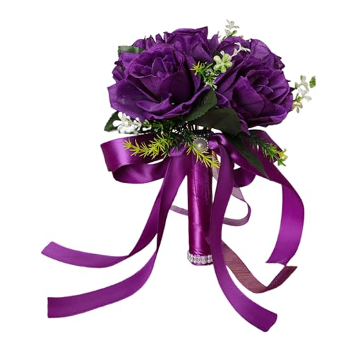 Brautstrauß, Hochzeits-Handstrauß, Brautstrauß mit künstlichen Rosen, Seidenblumenstrauß mit Band für die Hochzeit, lila Hochzeitsstrauß, Hochzeitsstrauß mit Blumen, künstlicher Rosenstrauß Brida