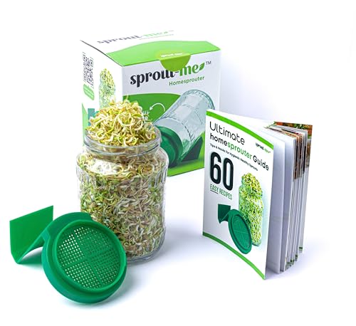 Image of sprout-me Multi Use Sprouts Maker Box With Recipe Book - Glass Mason Jar with Mesh Lid for All Seeds & Beans, Sprouts Making Box with Built in Drainage Stand (One Sprout Jar With Book - (Green))