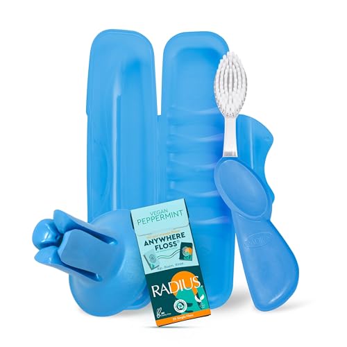 RADIUS Vacation Pastel Bundle, Includes Right Handed Big Brush with Replaceable Head, Toothbrush Travel Case, DOC Toothbrush Holder, Anywhere Travel Floss Packette, Periwinkle Blue, 4 Piece Bundle