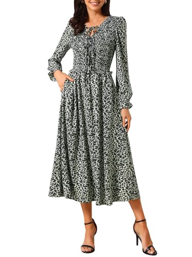 Seta T Women's Leopard Print Dress Long Sleeve Ruffle Tie V Neck Smoked Flowy Midi Cheetah Dresses with Pockets