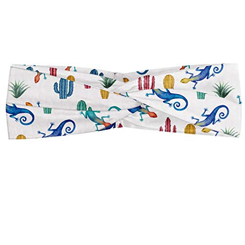 Preisvergleich Produktbild ABAKUHAUS Gecko Halstuch Bandana Kopftuch, Aquarell-Effekt Lizards Cactuses Sukkulenten und Reptilien-Muster Bunte, Elastisch und Angenehme alltags accessories, Mehrfarbig