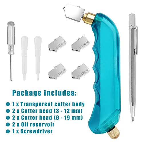 Yotino Glass Cutting Tool Kit Includes Blue Pistol Grip Oil Feed Glass Cutter With 3 Extra Replacement Head(3Mm-12Mm, 6Mm-19 Mm) Tungsten Scribe Engraving Pen, Screwdriver And Oil Dropper #TOP1