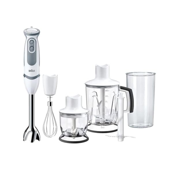 Braun 5245 Mini-emmer, 1000 W, 21 snelheden, turbo-functie, spatbescherming, 4 accessoires (garde, mini-hakmolen 350 ml, blender 1,25 l, maatbeker 600 ml) wit
