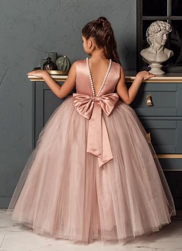 Pearls Flower Girls Dresses Princess Pageant Dress Bow-Knot Kids Satin Tulle Prom Ball Gowns for Wedding DK0054