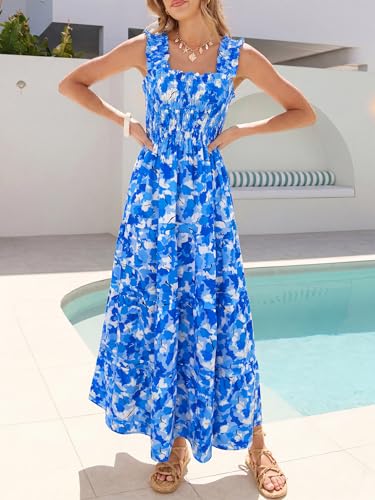 Image of Caracilia Womens Summer Maxi Dresses Floral Smocked Sleeveless Ruffle Boho Casual Flowy Aline Beach Vacation Long Sundress