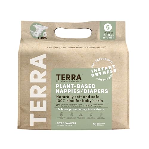 Image of Terra Diapers Size 5: 85% Plant-Based Diapers, Ultra-Soft & Chemical-Free for Sensitive Skin, Superior Absorbency for Day or Nighttime Diapers, Designed for Toddlers 28-39 Pounds, 16 Count