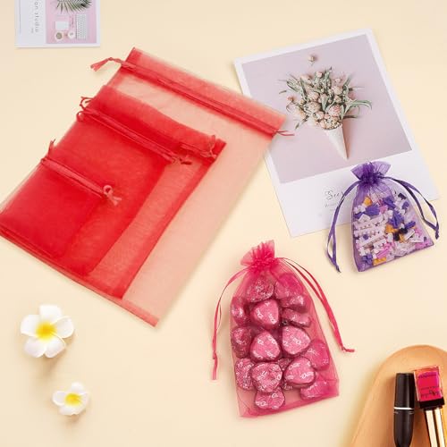 Image of 50PCS Organza Bags 6x9 Red Large Gift Bags for Women Jewelry Makeup Candy Soap Goodie, Mini Gift Wrap Bag Mesh Drawstring Treat Pouches for Mother's Day Favors Wedding Birthday Party Favors