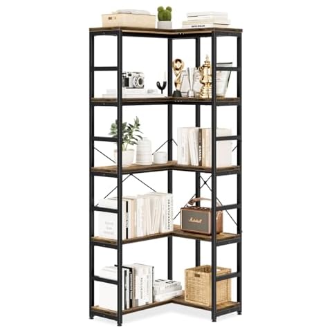 NUMENN 5 Tier Corner Bookshelf, Wood and Metal Bookcase Storage Shelf, Tall Corner Cabinet for Living Room, Bedroom, Home Office and Kitchen, Vintage Cover