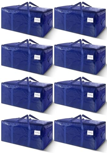 8 Pack Extra Heavy Duty Large Moving Bags with Strong Zipper & Carrying Handles, Sturdy Clothes Storage Bags Totes Bins, Packing Bag Move Boxes College Moving Supplies, Dark Blue - 24 gal