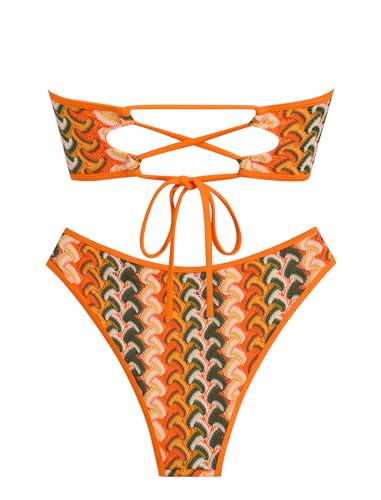 Image of ZAFUL Women Strapless Textured Bandeau Bikini 2 Piece Swimwear Cheeky Solid Lace up Bathing Suits