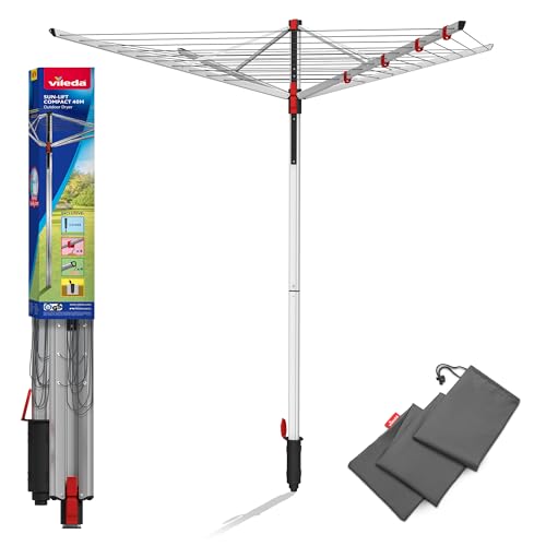 Vileda Sun Lift Étendoir à Linge 40 m d'étendage, réglable en Hauteur de 1,55-1,72 m, avec 8 Porte-cintres, Douille de Sol, Housse de Protection résistante aux UV, Eco-Pack Gris