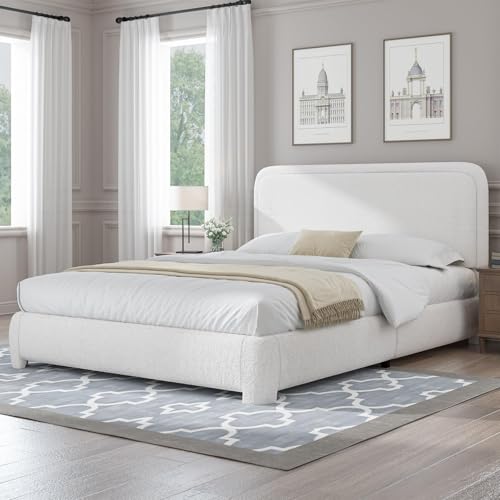 Image of BarnFurin Queen Bed Frame, Cloud Boucle Headboard, Rounded Corners, White | Soft boucle and rounded edges create a low-profile cloud look. Wooden slats support the mattress without a box spring