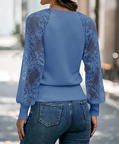 Merokeety Women's V Neck Lace Patchwork Solid Color Puff Sleeve Knit Pullover Sweater #TOP3