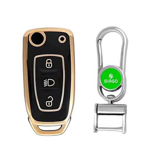 Image of SIAGO SIA350 TPU Key Cover and Metal Keychain Compatible for Tata Nexon | Altroz | Tiago | Punch | Harrier | Safari | Tigor 3 Button Flip Key Cover (Black Pack of 1)