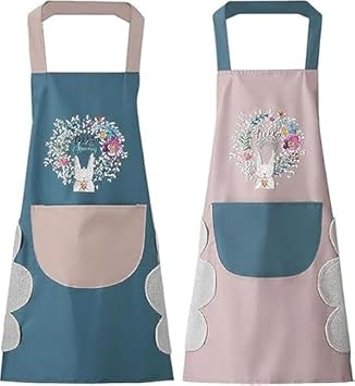 KLIMET 2 Pcs Assorted Waterproof Kitchen Apron for Women with Big Front Pocket Hand-Wiping Towel | Comfortable Wear-Resistant Chef Apron for Cooking | One Size Fits Most | (2 Pcs) - image, photos