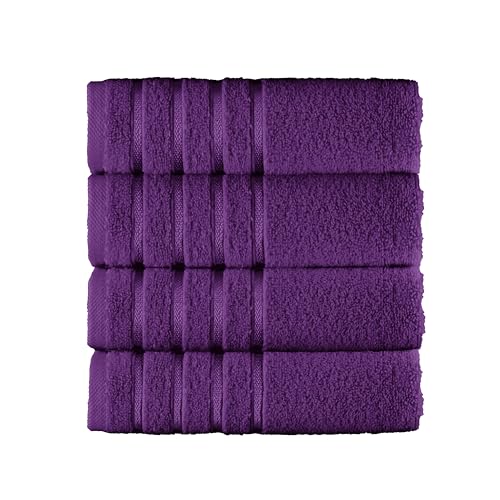 Image of Elegant Comfort 100% Turkish Cotton 4 Lines Viscose Stripe Luxury 4 Pack Hand Towel Set - Ultra Absorbent and Soft 16 x 28 Inch Premium Hotel Spa Quality Towels for Everyday Bath Use, Purple