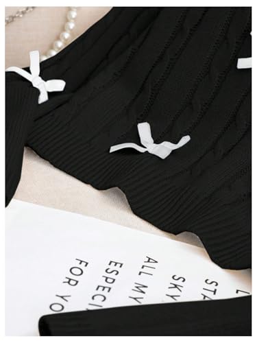Image of SweatyRocks Girl's Cable Knit Sweater Cute Bow Crewneck Long Sleeve Pullover Sweater Black 8Y