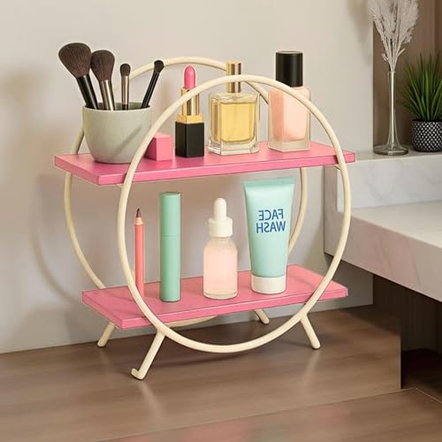 Image of 2 Tier Spice Rack Organizer for Kitchen Countertop - Metal & Wooden Masala Stand Condiments, Seasonings Multipurpose Storage Rack for Home & Kitchen Decor (Blk Brown) (Pink White)