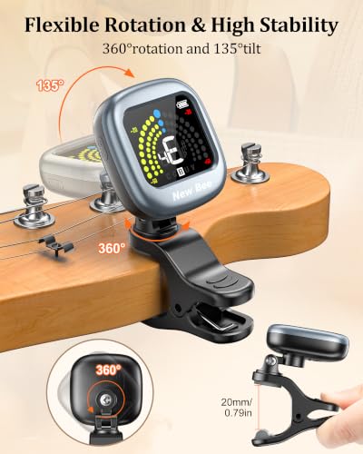Image of New bee Guitar Tuner Rechargeable, Color Screen Clip On Tuner | 360 Rotatable, Fast & Accurate Chromatic Tuning, for Guitar, Bass, Ukulele, Violin, Cello