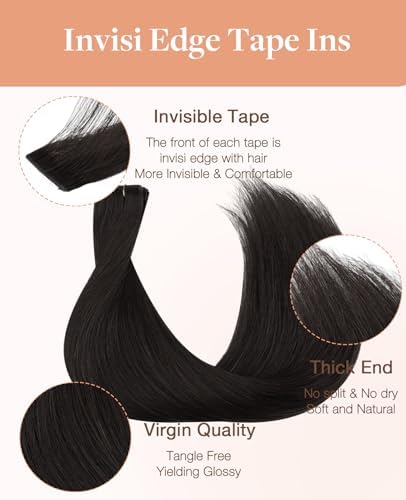 GOO GOO Invisi Edge Tape in Hair Extensions Human Hair, 1B Natural black 20pcs 20inch 50g, Virgin Remy Hair, Seamless Injected Tape, Natural Look — view 4