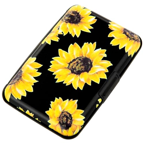 Image of Credit Card Holder, Metal Card Wallet RFID Blocking Mini Slim Aluminum Business Hard Card Case for Women Men (Black Background Sunflowers)