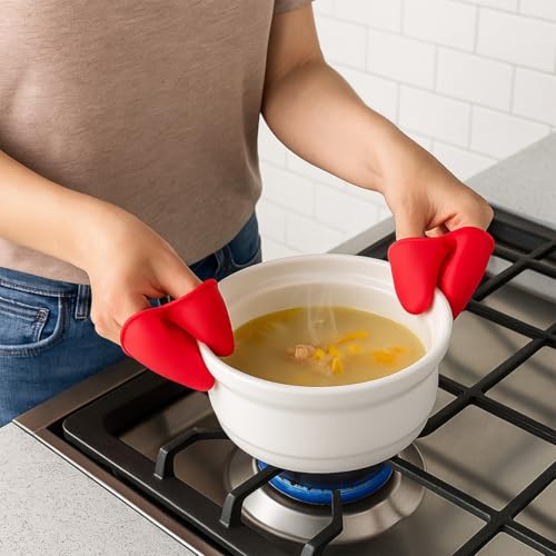 Image of Frenchware Silicone Oven Mittens, 1 Pair, Baking Gloves, Finger Grips, Red | Heat Resistant Pot Holders for Kitchen, Vessel Holding and Baking Accessory