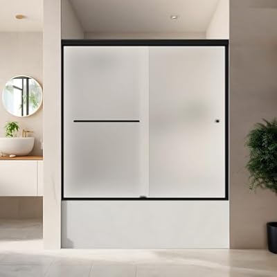 CKB Bathtub Shower Door. 56"~60" W Adjustable x 56" H Semi-Frameless Bypass Tub Door with 1/4" (6mm) Tempered Frosted Glass, Double Sliding with Matte Black Hardware Kit, Reversible