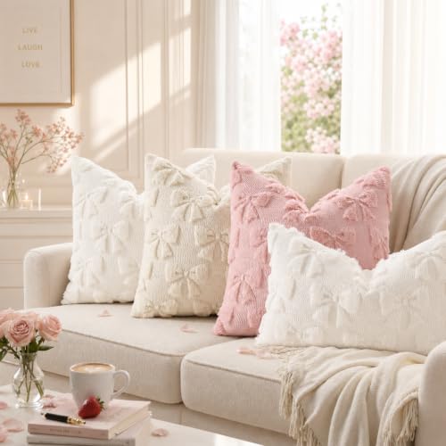 Image of decorUhome Beige Bow Pillow Covers Set of 2 Coquette Aesthetic Cute Preppy Plush Faux Pillowcases for Girly Bedroom or Couch 16x16 Inch