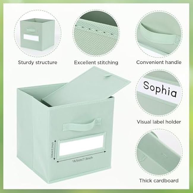 clothmile 6Pcs Fabric Storage Cubes 11 Inch Multi-color Fabric Storage Bin with Card Labels Collapsible Cube Organizer with Window Cards for School Classroom Nursery Playroom Closet Home Organizer