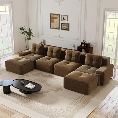 Image of 153 inch U-Shaped 4-Seater Modular Boneless Couch with 2 Ottomans, Premium Corduroy Upholstery, Deep Seat Cloud sectional Sofa, No Assembly Anti-Slip Design, Brown