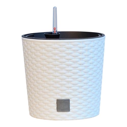 HappyFlower Blumentopf rund mit Innentopf – Pflanzkübel aus Kunststoff in Rattan-Optik, für Innen & Außen, Übertopf Verschiedene Größen & Farben erhältlich, (Äußerer ∅ Oben 20 cm, Weiß)