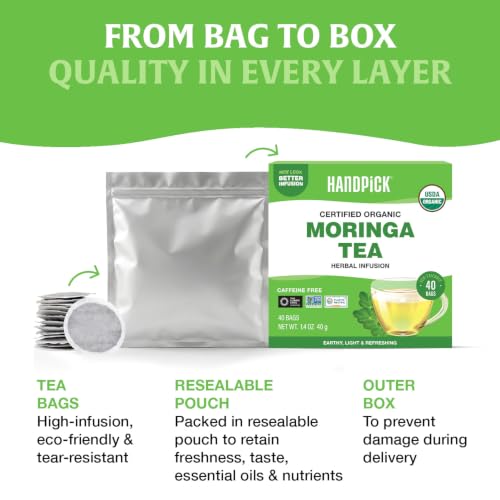 Image of HANDPICK Organic Moringa Tea (40 Tea Bags) Pure Moringa Leaves from India