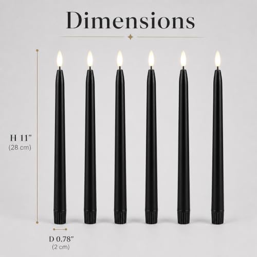 Image of Rhytsing 6-Pack Black Flameless Taper Candles with 2 Remotes for Halloween | Timer Function, Smooth Wax Finish, 3D Faux Flame, H 11 inch, Battery Candlesticks for Halloween Decor, Warm White Glow