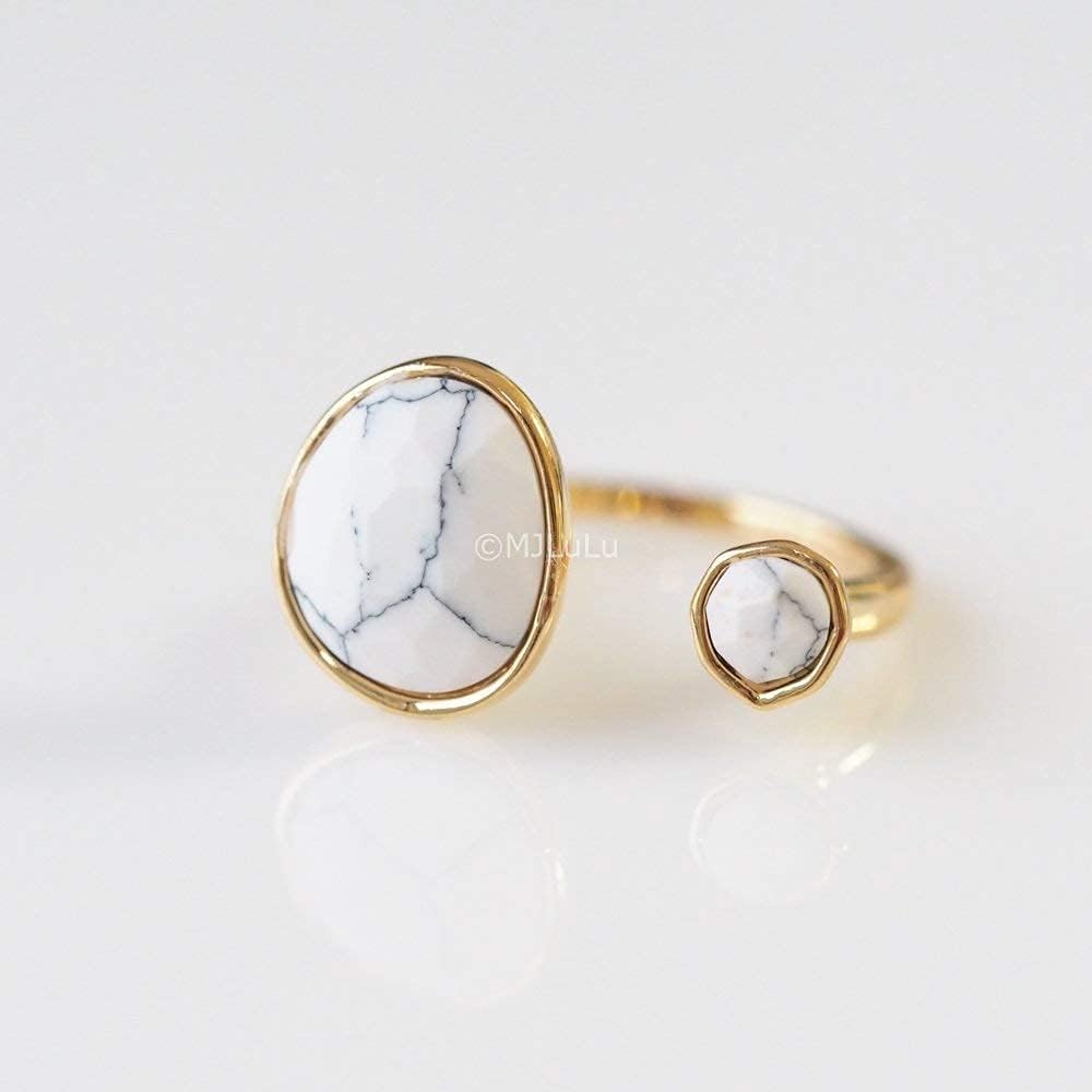 MJLULU Refined 14K Gold-Plated Statement Ring with White Simulated Howlite Lightweight & Hypoallergenic, Sleek Design for Everyday Elegance - Minimalist Dainty Jewelry