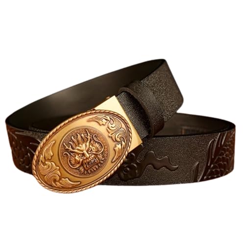 Men's Cow Leather Ratchet Belt With Dragon Head Pattern & Oval Automatic Buckle - Business Casual
