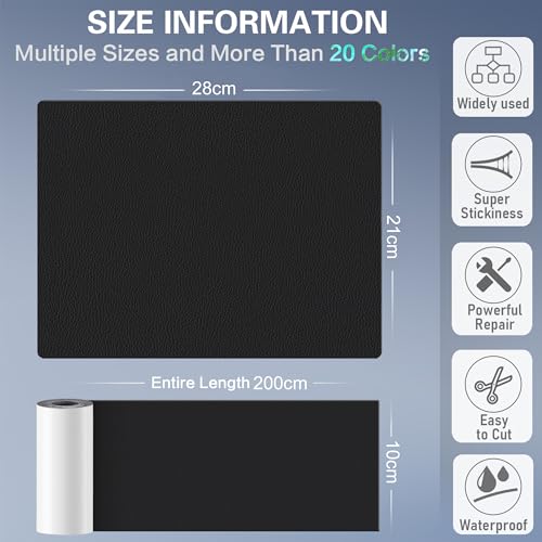 Sgooyir Leder Reparatur Set, 10x200cm Kunstleder Selbstklebend, Kunstleder Reparaturset Flicken Selbstklebend Patch für Autositze, Sofa, Jacken, couch, Möbel Schwarz