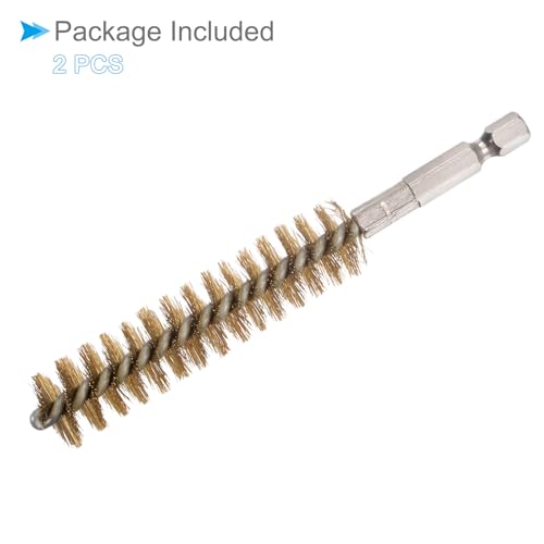 Image of Bore Brush, 17mm Dia 75mm Length, Brass Twisted Cleaning Wire Brushes with 1 /4 inch Hex Shank - (Applications: for Power Drill), 2-Pieces