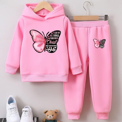 TiaoBug Girls Hoodies Tracksuit Kids Butterfly Print Fleece Hoodie Sweatshirt With Jogger Pants Set2