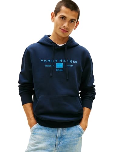 Image of Tommy Hilfiger Men's Medium Weight Cotton Hoodie Sweatshirt With Printed Stacked Chest Graphic