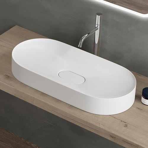 doporro Vasque à Poser Ovale Blanc Mat Lavabo de Salle de Bains Évier 71x35,5x10cm Lave Mains avec Cache Bonde Colossum826