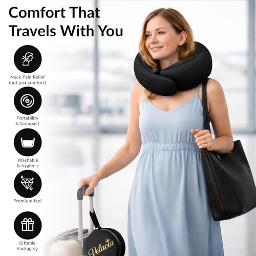 Image of Travel Neck Pillow,Ergonomic 360 Memory Foam Support for Head, Neck. Adjustable for Long Flights. Soft &Washable Cover, EVA Box, 3D Eye Mask, Earplugs, Hair Tie & Luxury Bag (Black)