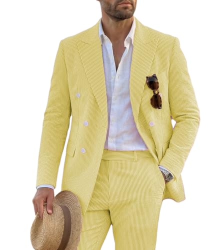 Seersucker Summer Suit Mens 2 Piece Blazer Pants Set Beach Wedding Outfit for Men Classic Fit Casual Sear Sucker Suit for Grooms Prom Party Yellow XS