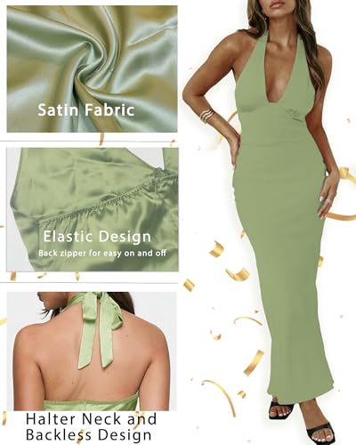 Image of Women's Satin Dresses Summer Bodycon Sexy Halter V Neck Backless Elegant Formal Prom Cocktail Wedding Guest Maxi Dress