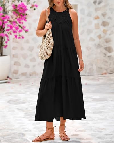 Image of BTFBM Halter Summer Dresses for Women 2026 Casual Spring Hollow Out Sleeveless Boho Sundresses Beach Vacation Maxi Dress